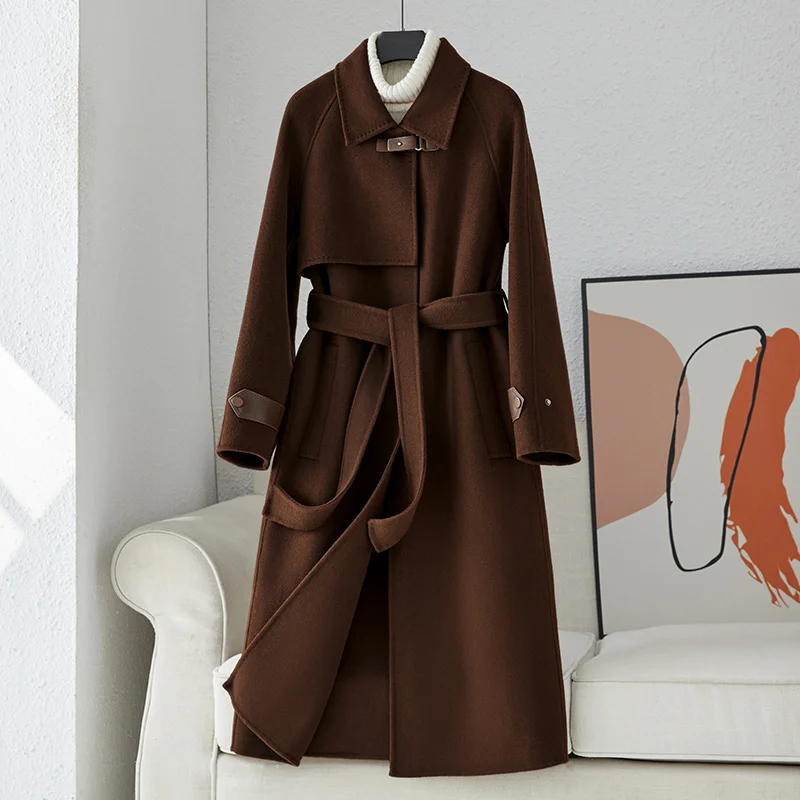 

2023 Chocolate Color Double-sided Cashmere Coat, Women's Mid Length, Autumn/winter New High-end 100 Wool Coat