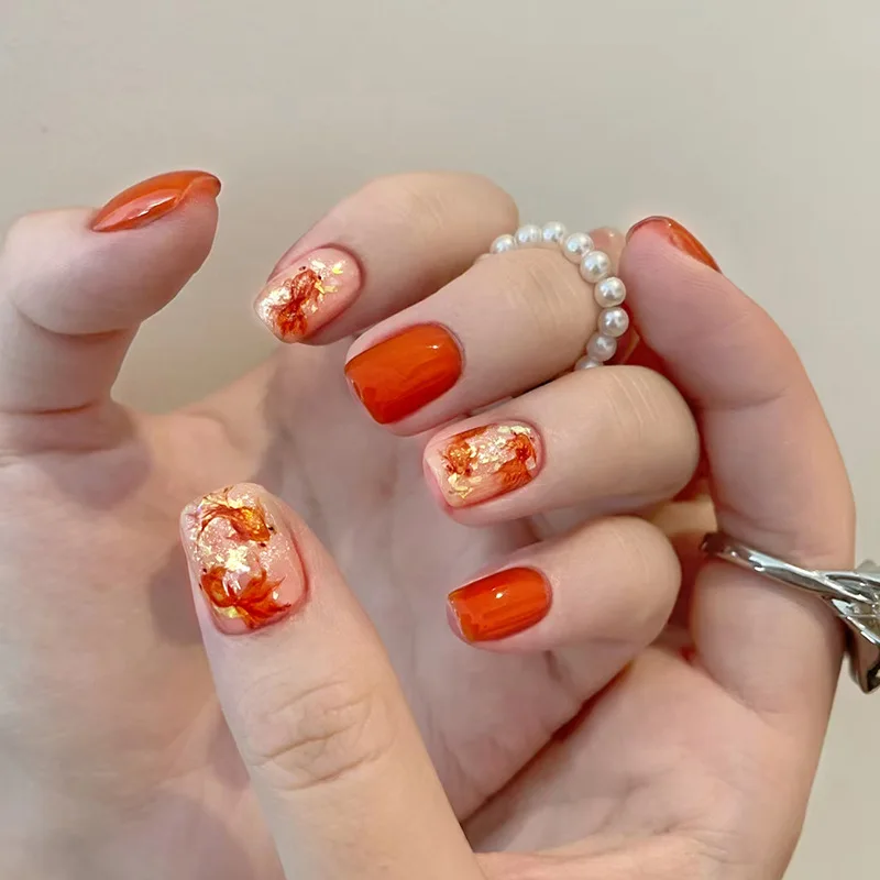 24pcs Stick on False Nails with Glue Koi Solid Color Short Fake Nails with Design Nail Art Reusable Press on Nails with Charms