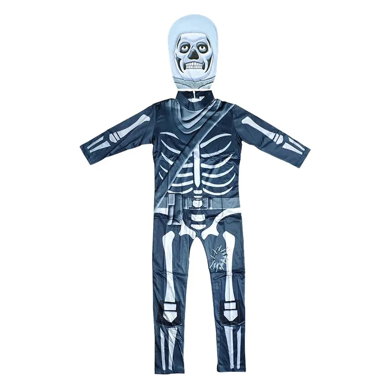Scary Skull Trooper Jumpsuit Fancy Party Dress Skeleton Cosplay Role Play Halloween Costume for Kid Boy Festival Masquerade Mask