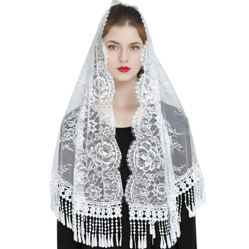 YQ Pray Shawl Mantilla for Ladies Lace Trim Shawl Tasseled Headwear Lace Scarf Veil