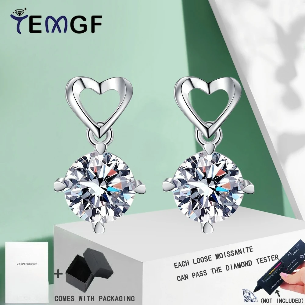 

Серьги-гвоздики TEMGF 6,5 мм с муассанитом и GRA для женщин и девочек, стерлинговое серебро S925, ювелирные изделия с ушками любви, романтические подарки, 2 карата/пара