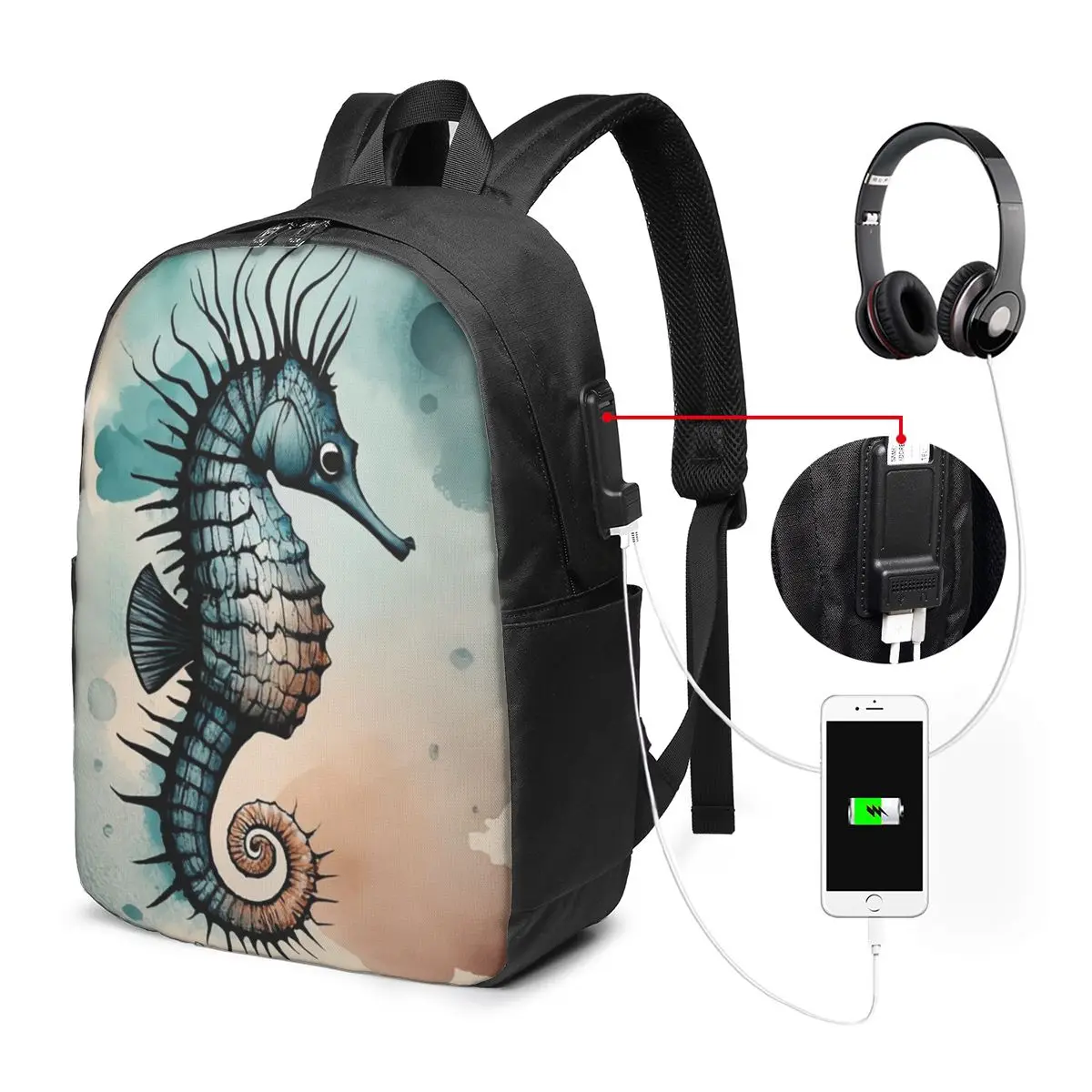 Abstract Seahorse Watercolor Design Backpack Travel Notebook Bag Computer College Student School Bag Laptop Shoulder Bags