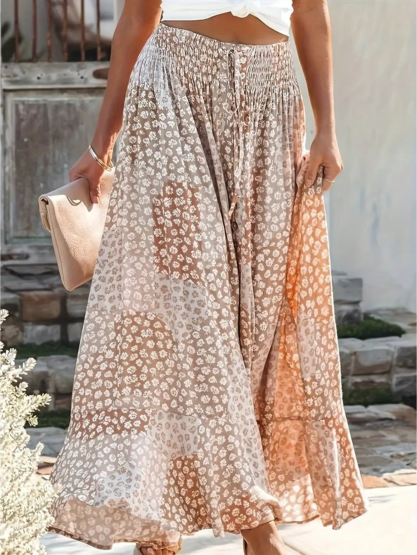 Womens Bohemian Floral Print Maxi Skirt High Waist Elastic Tiered Ruffle Long Skirt Summer Beach