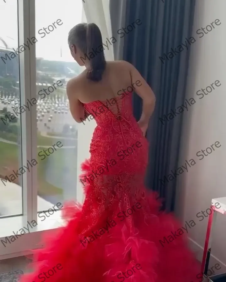 Pretty 3D Flower Mesh Prom Dresses Very Puffy Lace Appliques Mermaid Pagenat Dress Luxury Tulle Long Africa Evening Party Gowns