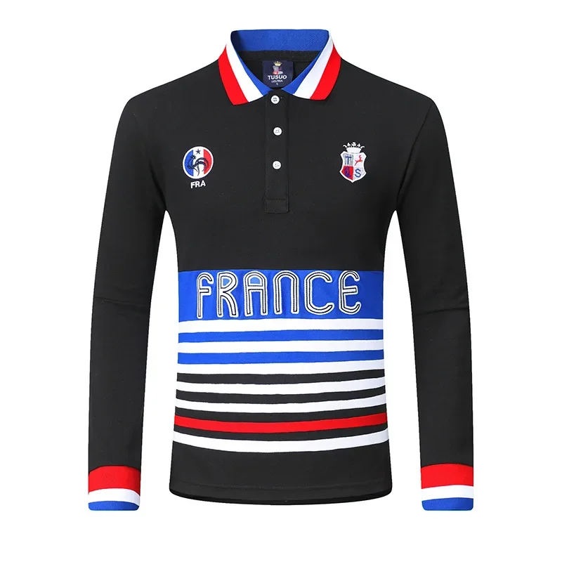 

Stripes Polo Shirts Original TS Brand Men's Buttons Collar T-shirt FRANCE Embroidery Long-sleeved French US Oversized 7xl Black