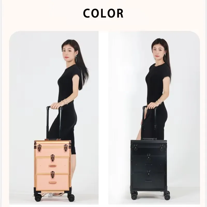 Custodia per trucco con ruota universale staccabile alla moda calda Cassetta degli attrezzi per tatuaggi per unghie di bellezza con asta di trazione personalizzata con cassetto per i viaggi