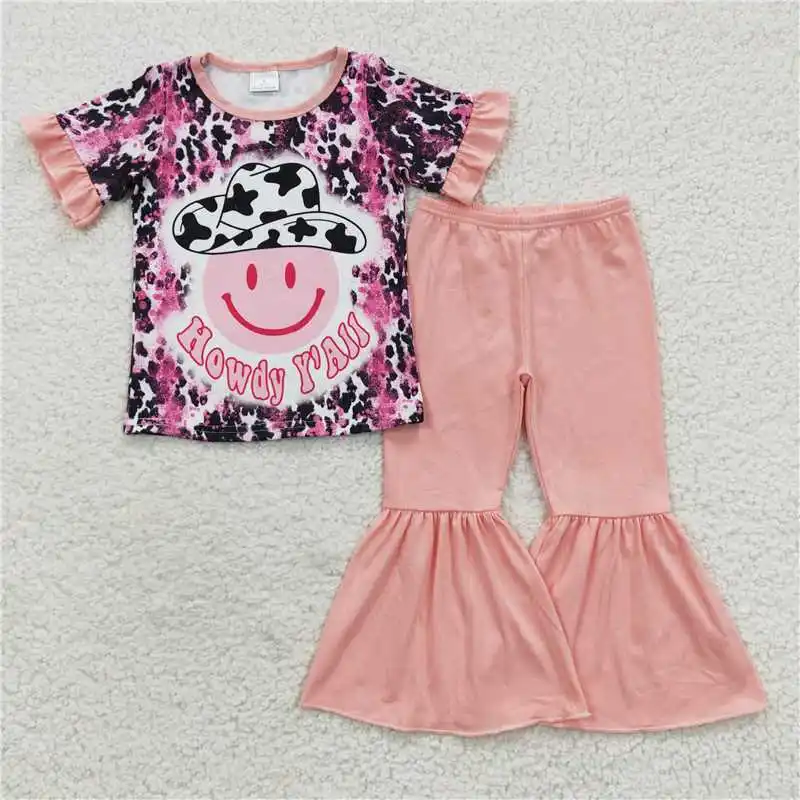 Fashionable Cute Toddler Kids Baby Girl Summer Clothes Set Cowboy Hat Howdy Short Sleeve Flared Pants Set