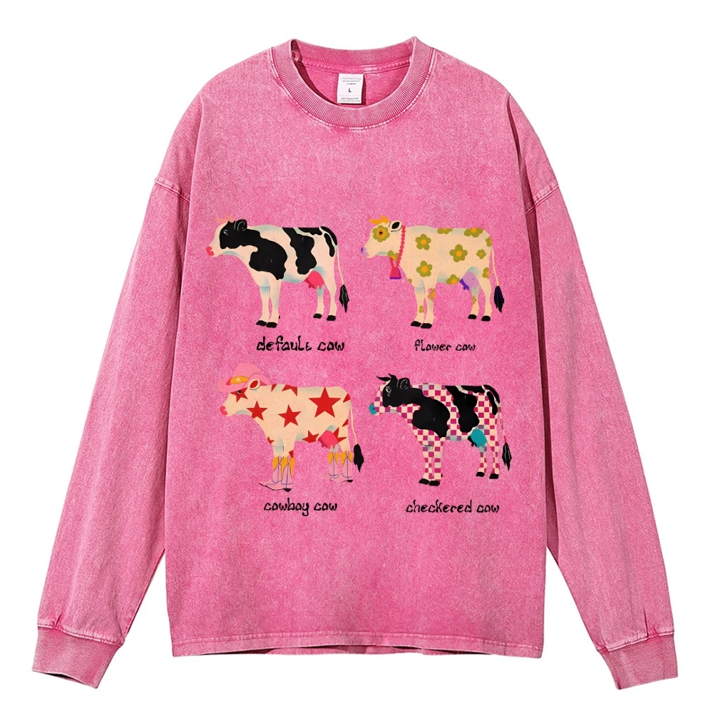 

Vintage American Cute Cow Print Long-Sleeved Shirt Unisex Washed Cotton Crew Neck Sweater Loose Casual Street Hip-Hop Top