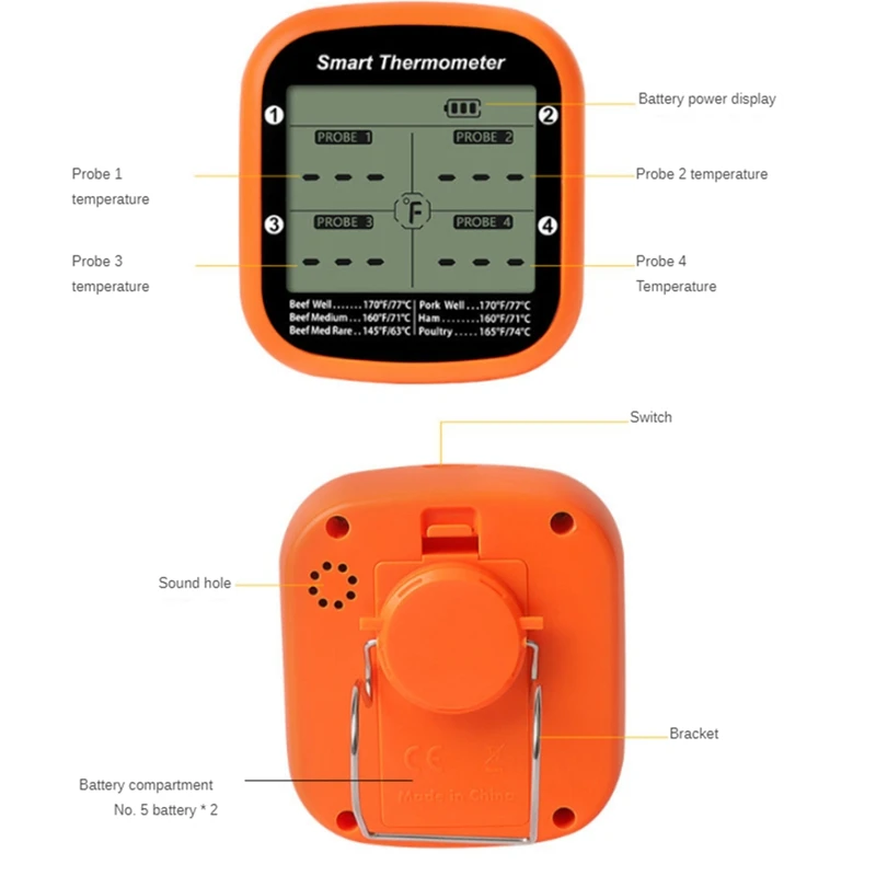 New Wireless Meat Thermometer For Grilling Smoker Oven APP Digital Thermometer With Four Probes Smart BBQ Food Thermometer