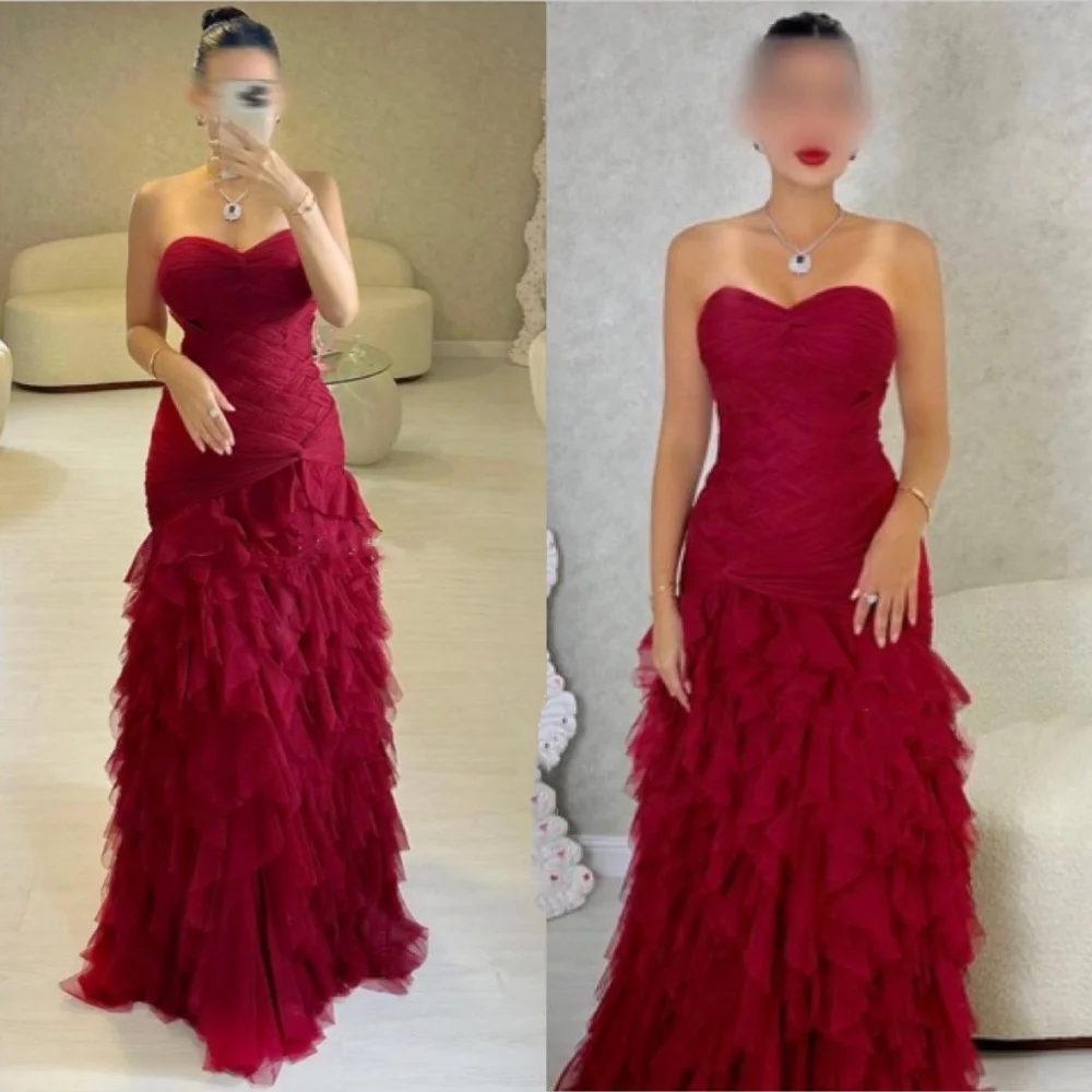 Customized   Sexy Casual  Tulle Ruched Homecoming A-line Strapless Bespoke Occasion Gown Long Dresses