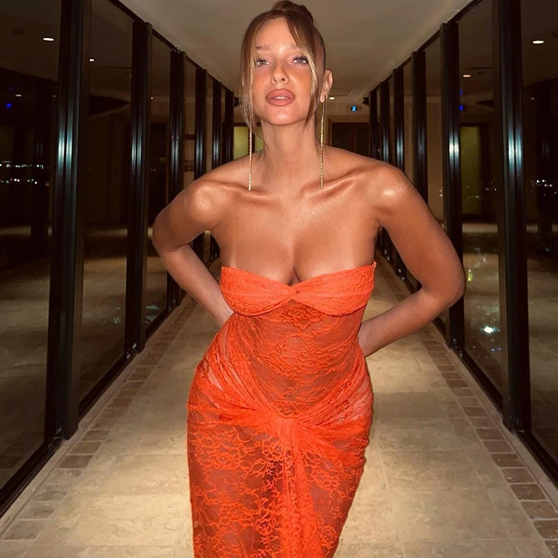 Sexy Lace Mesh Patchwork Long Maxi Dress Women Summer Strapless Sexy See Through Tube Top Ruched Dresses Orange Club Party Robe