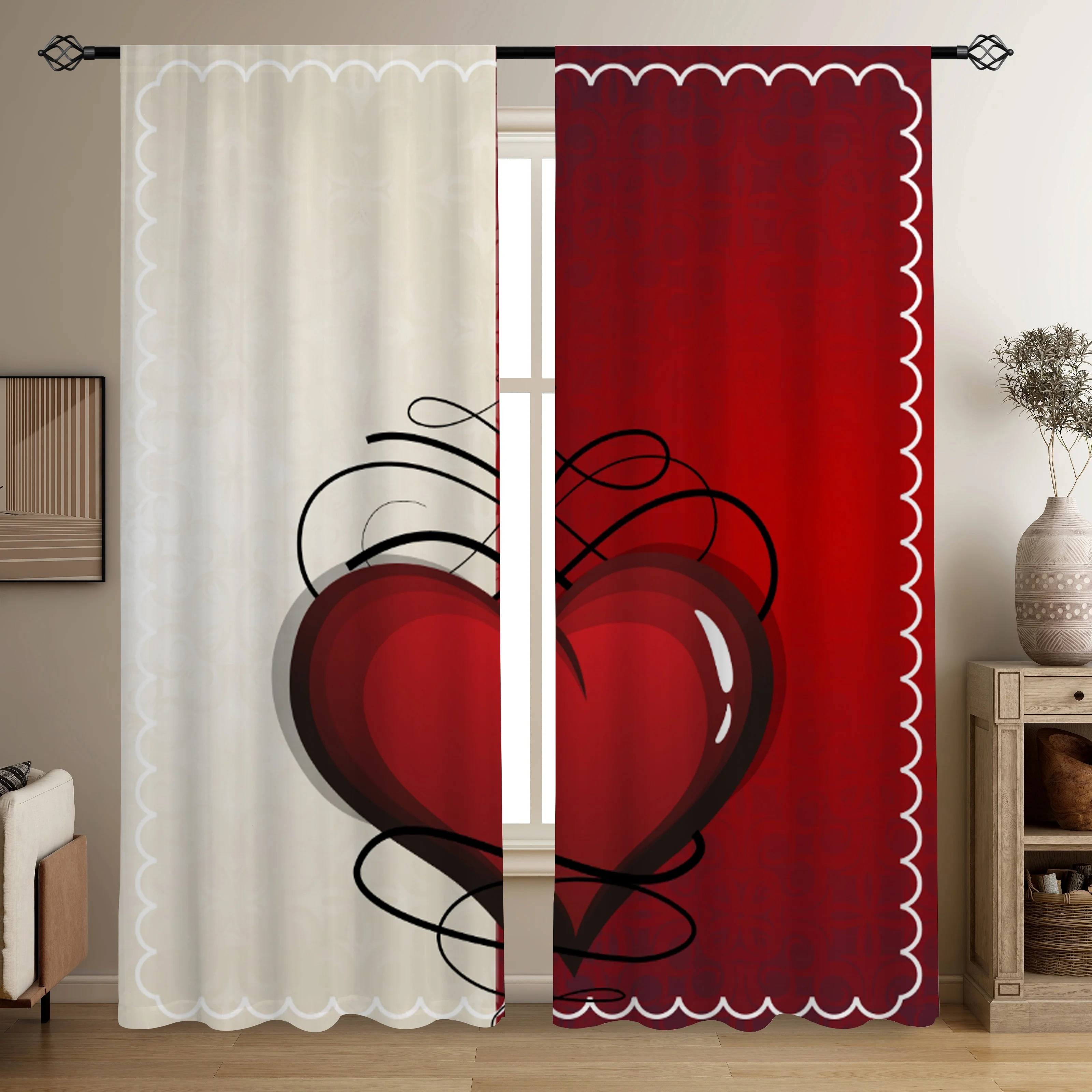 

2pcs Valentine's Day Heart Printed Translucent Curtains Living Room Game Room Bedroom Multi-scene Polyester Rod Pocket Decor