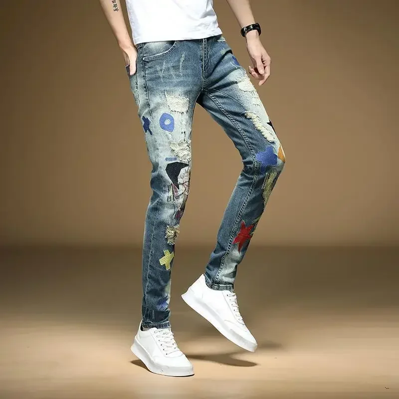 Male Cowboy Pants Torn Star Trousers with Holes Jeans for Men Broken Embroidery Ripped Cropped Korean Fashion Washed Casual Soft