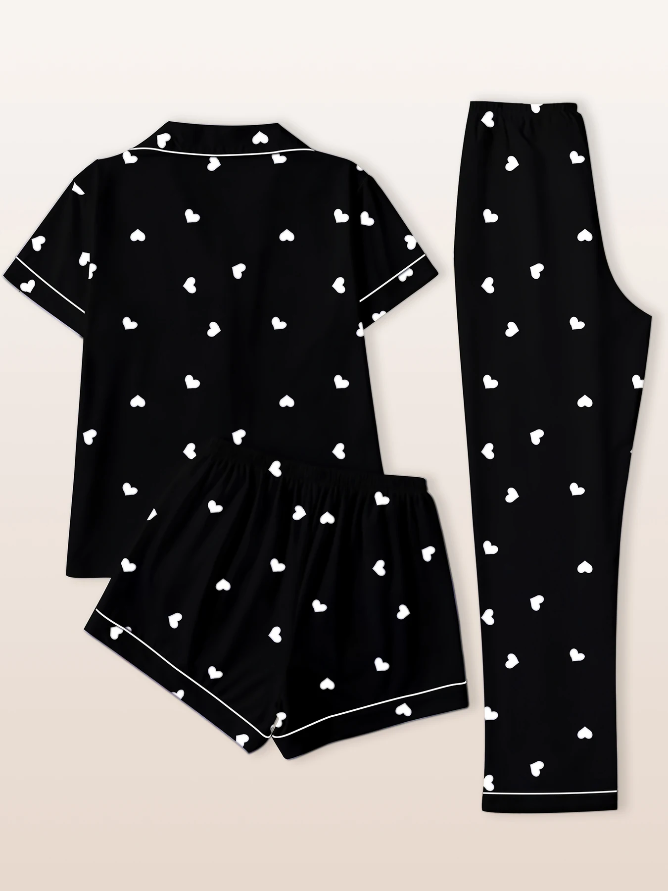 Women Pajamas Notch Lapel Short Sleeve Shorts Pants 3 Piece Set Spring Summer Fall Aesthetic Heart Homewear view 2