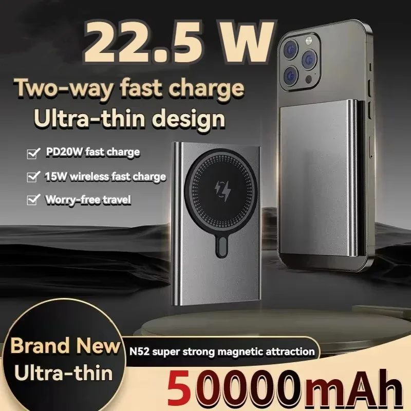 

50000mAh Ultra Thin Wireless Magnetic Power Bank 20W Super Fast Charging Magsafe Portable External Battery Pack For Iphone New