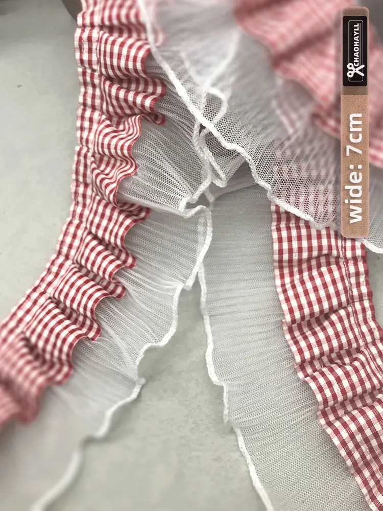 1 Yard 4/6.5/7CM Wide Red White Plaid Ruffle Tulle Embroidered Lace Fabric for DIY Fringed Trim Party Dress Sewing Accessories