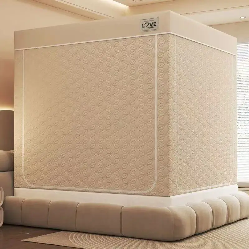 Thickened warm five-sided padded bed curtain, bed mantle, shading and windproof tent, indoor cold-proof back bottom