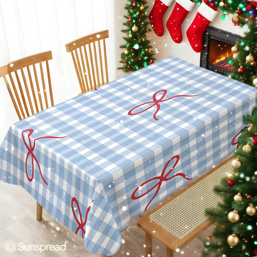 Blue Gingham with Red Bows Waterproof table cloth, splash-proof tablecloth, for party, Halloween, Christmas, dining, camping