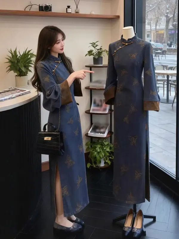 

Новая китайская национальная тенденция, улучшенная длинная юбка с разрезом Dr Gentle Wind, супер красивая облегающая длинная юбка с разрезом, зимний сезон