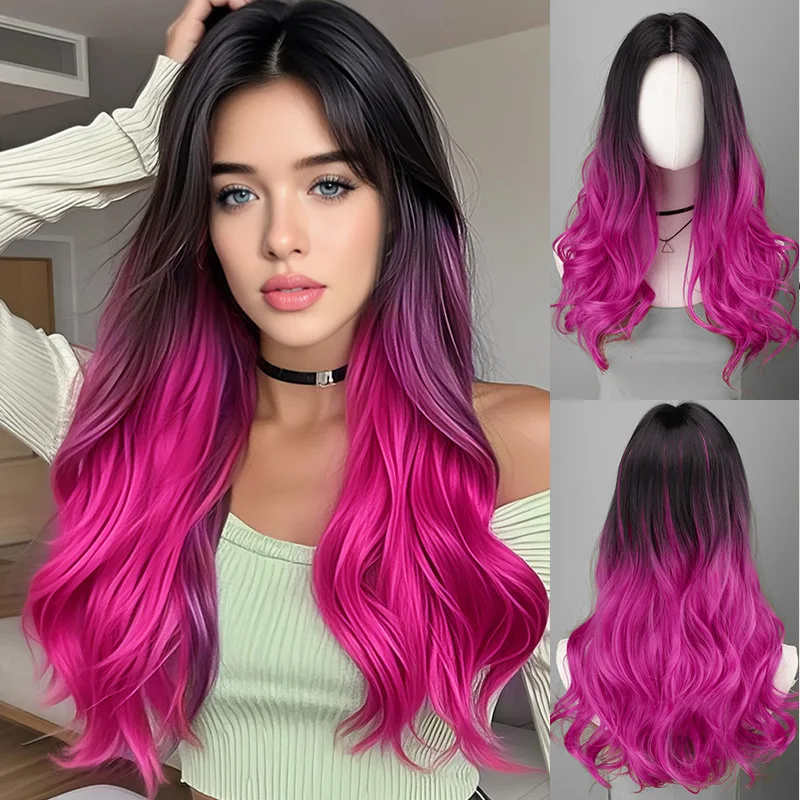 Pink purple gradient long roll big wave synthetic wig | dark rose high quality long curly hair | festival performance wear
