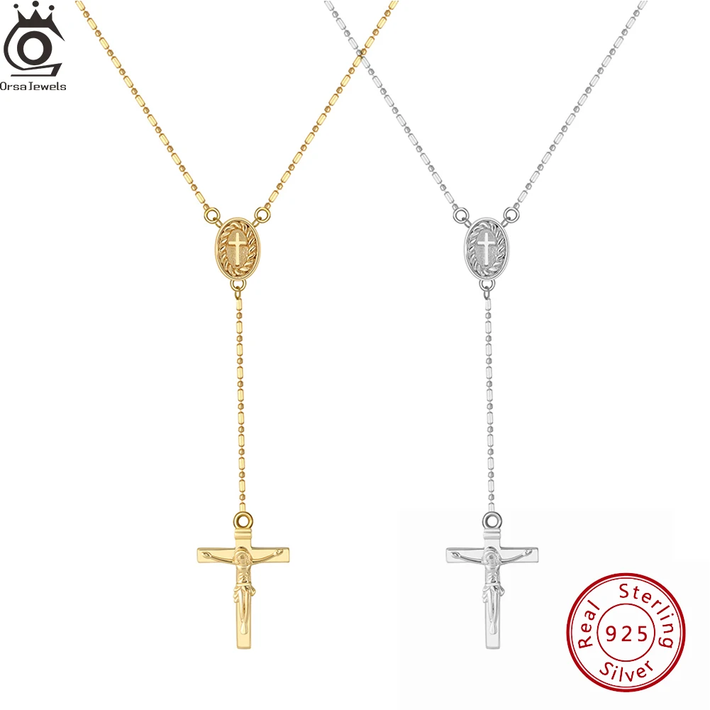 

ORSA JEWELS 925 Sterling Silver Cross Long Pendant Necklace 14K Gold Plate Bamboo Chain Cross Pendant Choker Jewelry Women GAN03