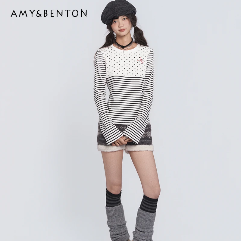 

Vintage Striped Polka Dot Splicing Embroidered Round Neck Long Sleeve Women's Top Autumn New Loose Slimming Y2K T-shirts Girl