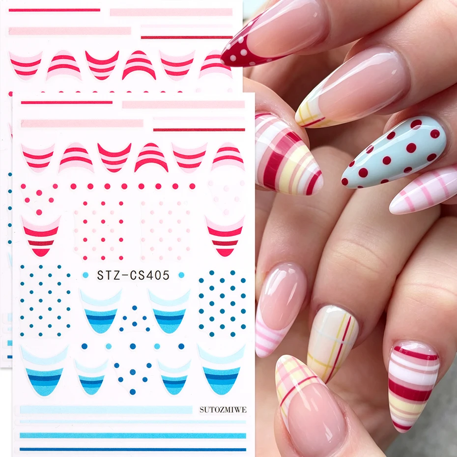 3D Nail Art Sticker Mini Polka Dots Pink Blue Stripes French Tip Pattern Design Decals Summer Party Nail Decoration DIY Manicure
