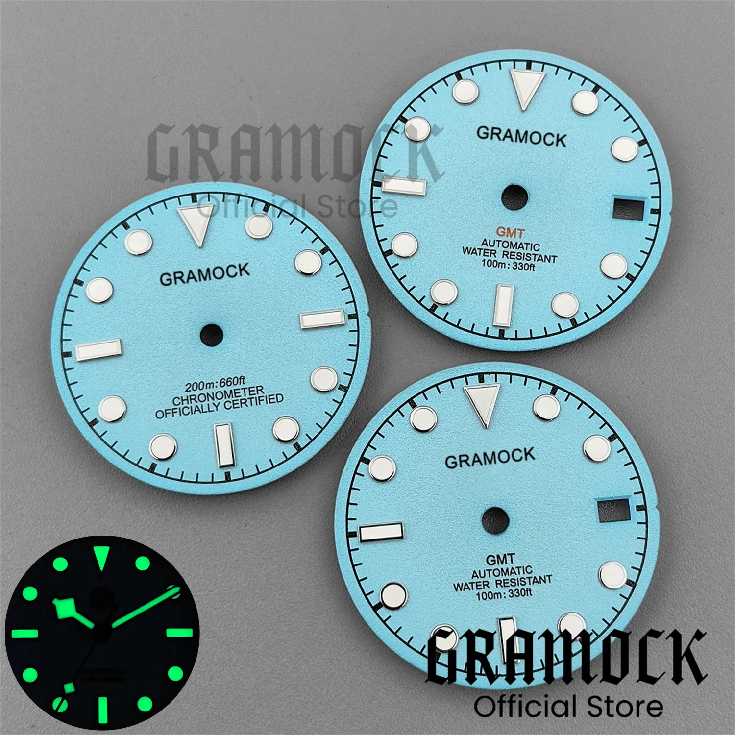 Gramock 29mm Lake Blue Sandy Texture Watch Dial Orange GMT Luminous For Men NH34 NH35 ETA2824 PT5000 DG2813 Movement Date Window
