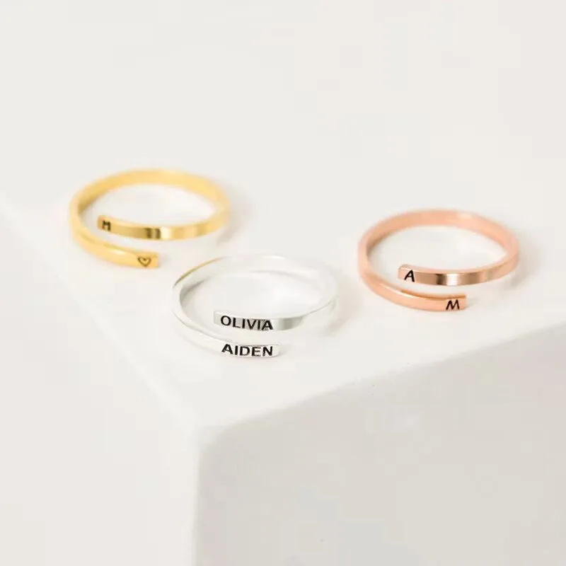 Custom Engraved Double Name Ring Couple Jewelry Stainless Steel Personalized Adjustable Stacked Rings Christmas Family Gift