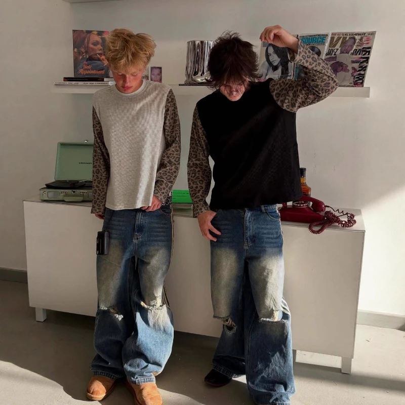 بلوفر بسيط بألوان متباينة بطبعة الفهد قميص بأكمام طويلة 2025 ربيع جديد على الطراز الأوروبي والأمريكي الفضفاض غير الرسمي #2