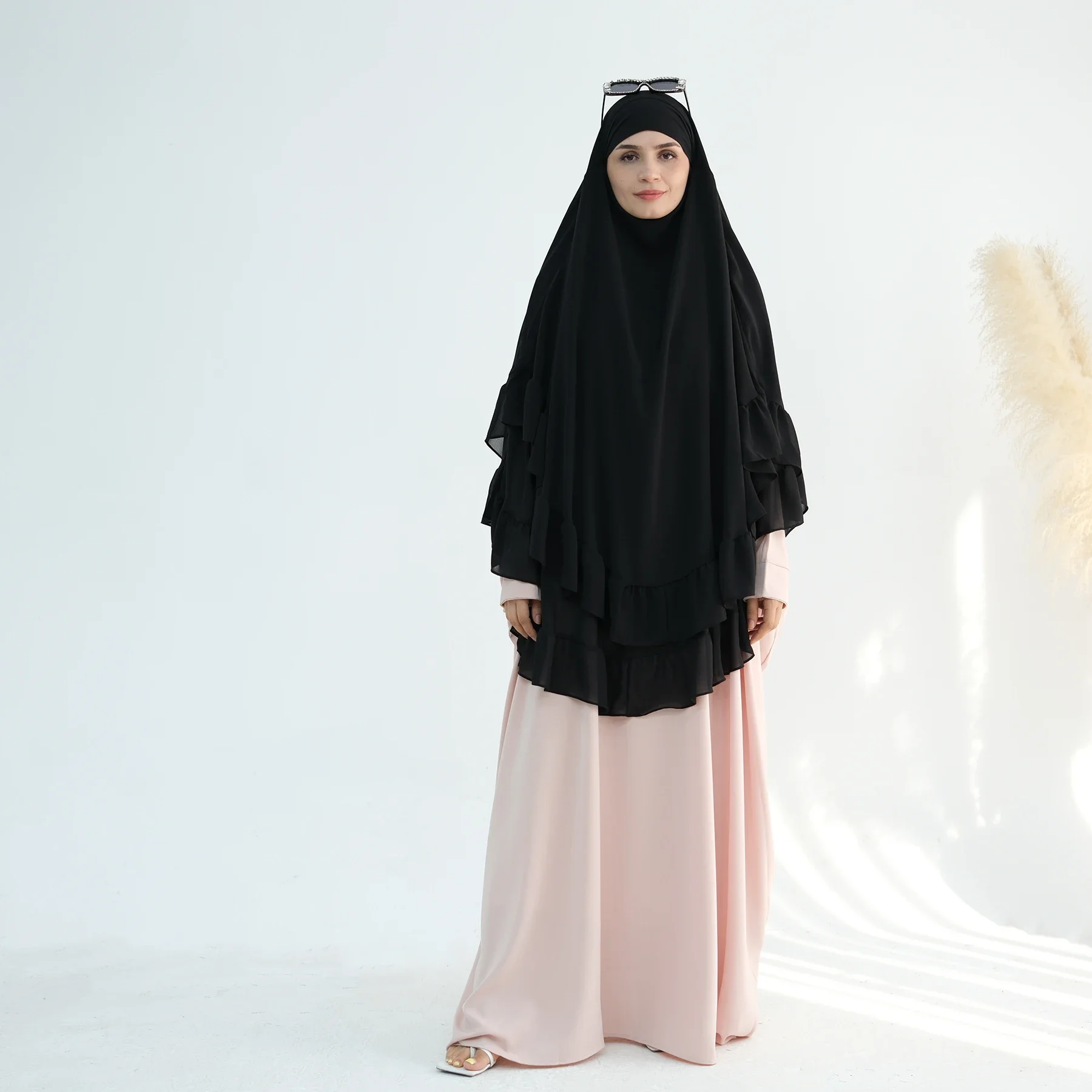 2 capas de volantes largo Khimar mujeres musulmanas Ramadán prenda Eid Hijabs islámico corbata trasera pañuelo Djellaba Niqab Jalabiya