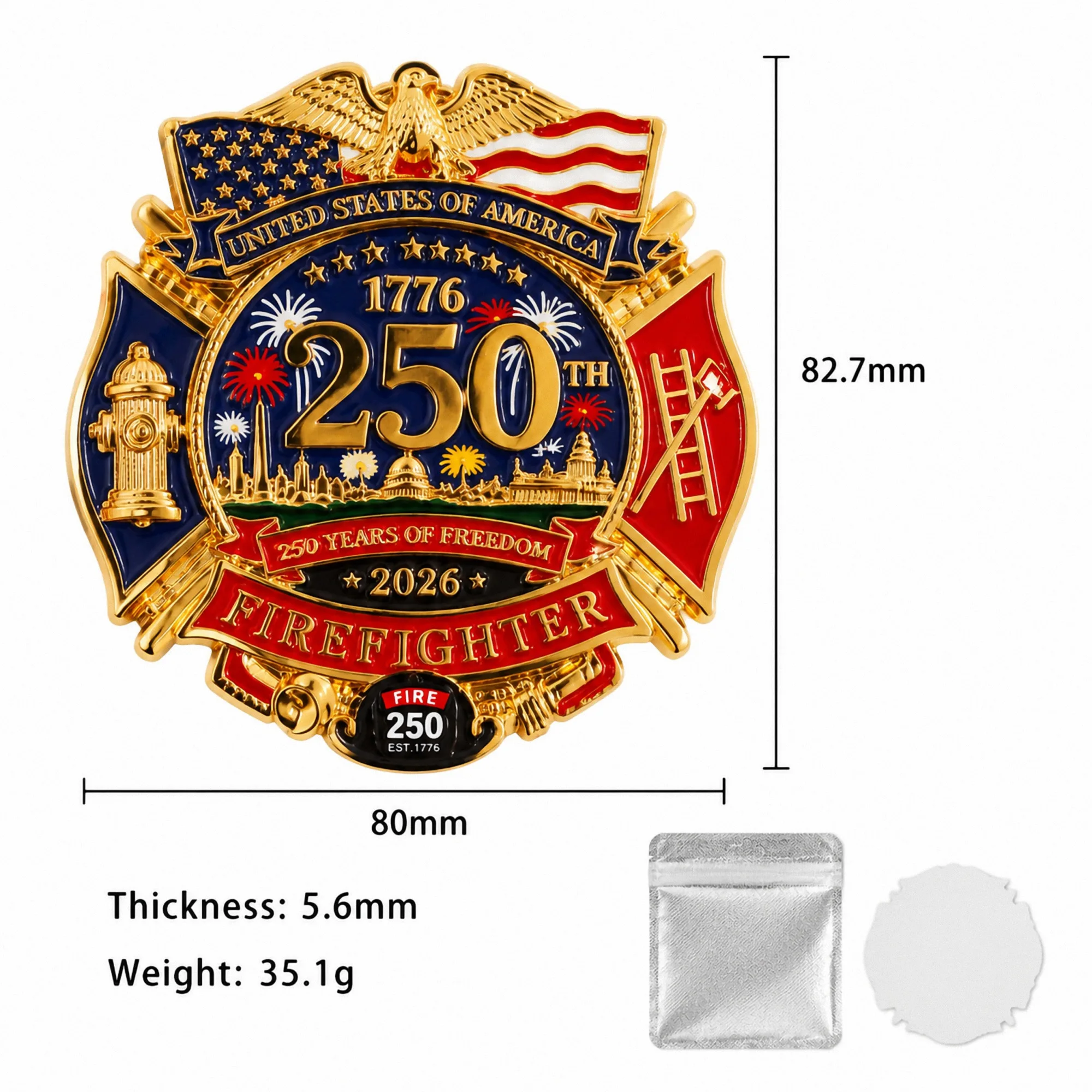 USA 250th Anniversary Firefighter Eagle Hood Emblem 3D Metal Car Badge American Flag Vehicle Decor Sticker for Pickup Motorcycle