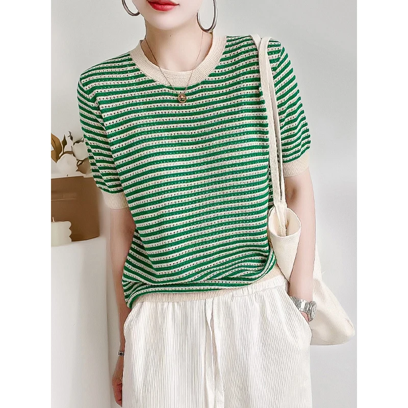 Summer new contrasting striped short sleeved T-shirt for women\'s casual versatile round neck knit sweater for women\'s top 6678