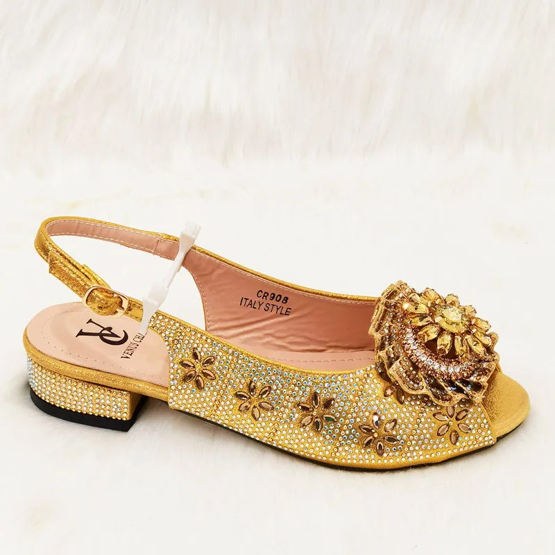 Venus Chan Sandals Woman Summer 2022 Gold Color Rhinestone Low Heel High Quality Party Wedding Shoes and Bag Set