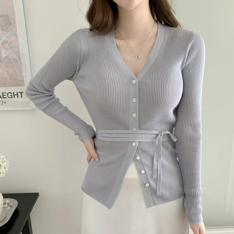 Dongda Gate Autunno Inverno V-ne Slim Fit Lungo Sve Cardigan aperto lavorato a maglia T-shirt da donna morbida e leggera coreana Sle