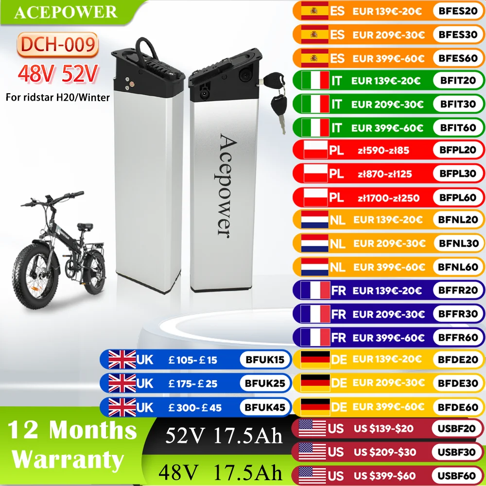 EU US Stock for Ridstar Winter Ridstar H20 Ebike Battery 48V 13Ah 16Ah 17Ah 17.5Ah Battery for Ridstar Winter H20 Folding Bike