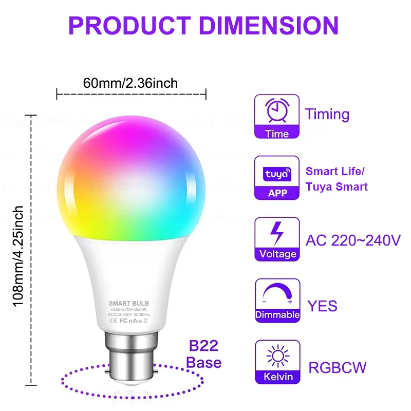 Colour Changing Light B22 Tuya Bluetooth APP Control 220V LED Bulbs  Dimmable RGB White RGBCCT 16 Million Smart Life