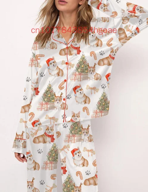 Golden Retriever Christmas Satin Pajama Set 3D Printed Spring/Summer New  Casual FashionLong Sleeve Set