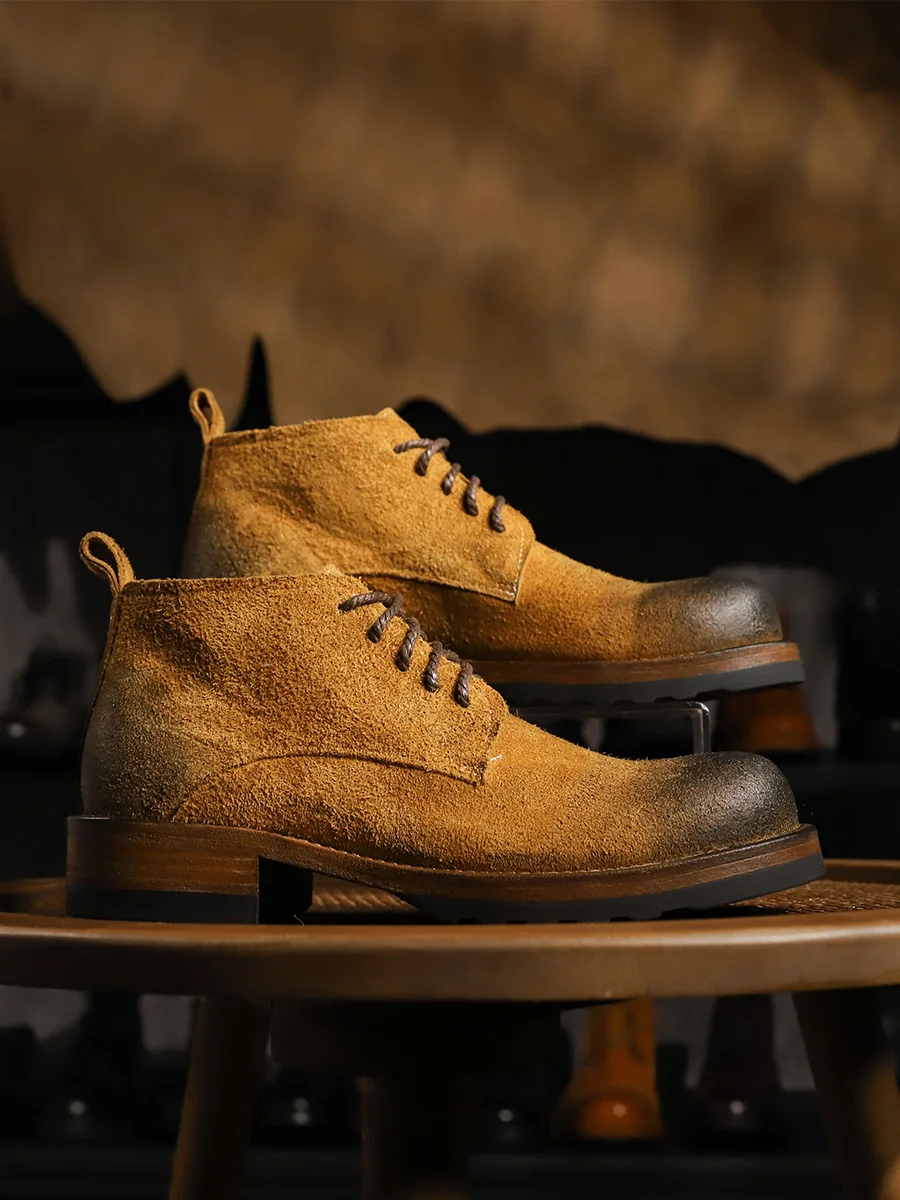 

Luxury Handmade Men Ankle Boots Genuine Leather Thick Sole Outdoor High Top Work Shoes Retro Motorcycle Casual Boots