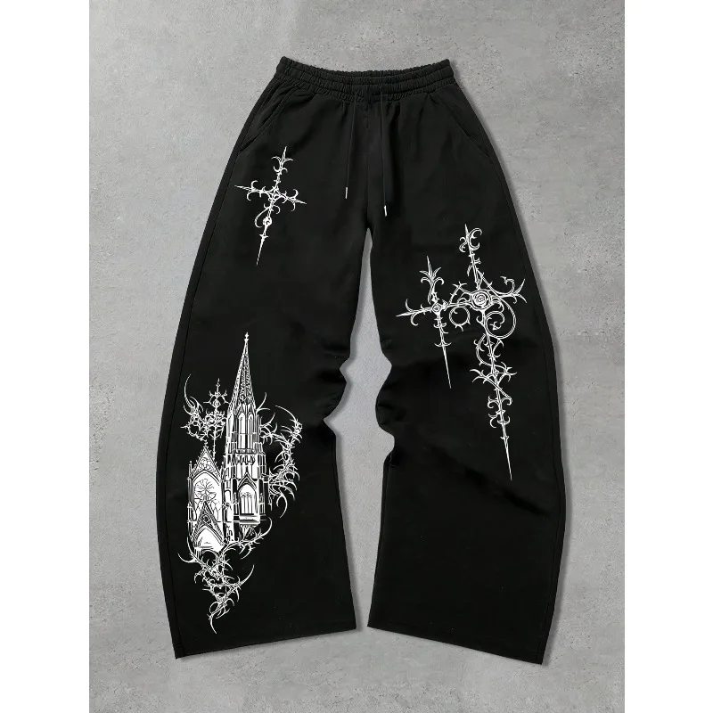 American Style Dark Gothic Church Cross Printed Sweatpants Straight Leg Pants Retro Dark Pants Unisex