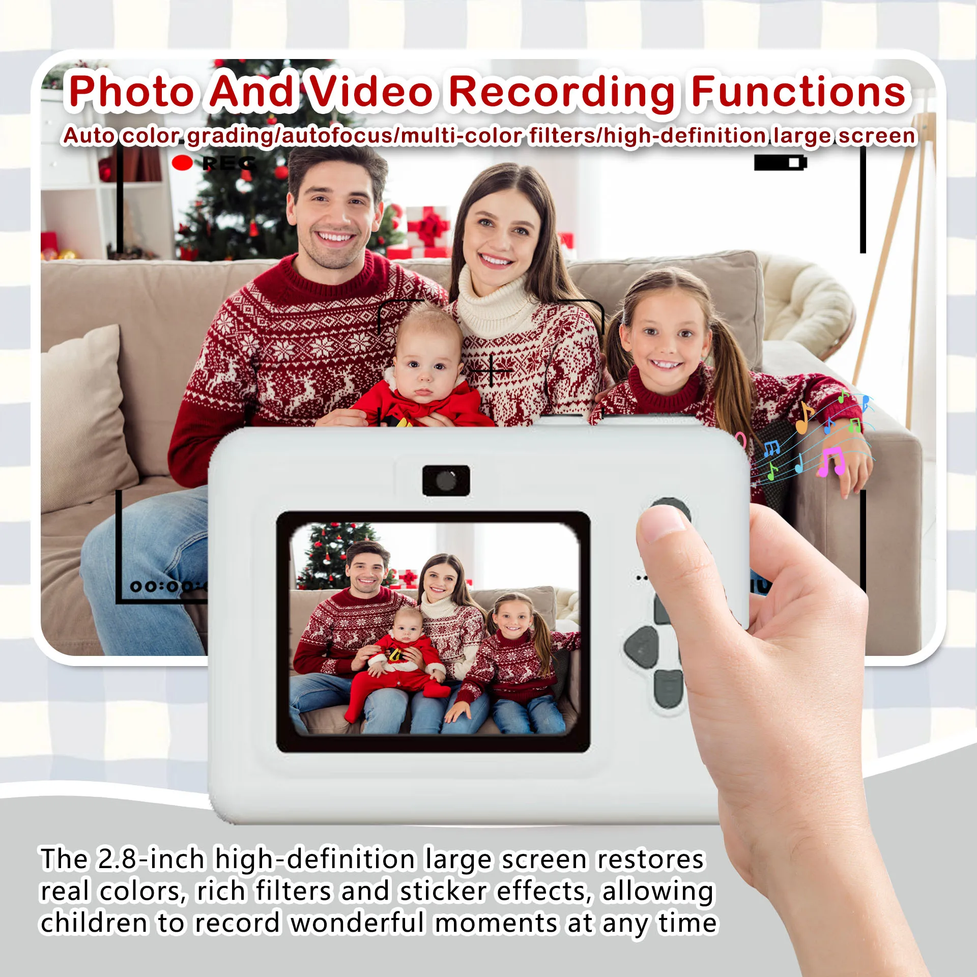 キッズカメラインスタントプリントおもちゃ、ポラロイド小型カメラ、USB充電付き、感熱紙3ロール、ギフト用