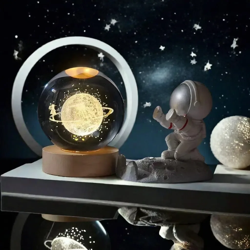 Small 3D Solar System Crystal Ball With LED Base, Night Light For Home Decoration, Gift For Astronomy Lovers