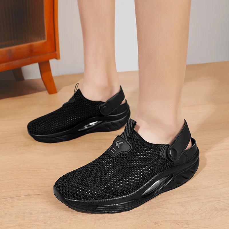 

Fashion Wedge Heelless One Step Leisure Mesh Slippers Women Sandals Half Slippers Thick Bottom Lightweight Wedge Sneakers