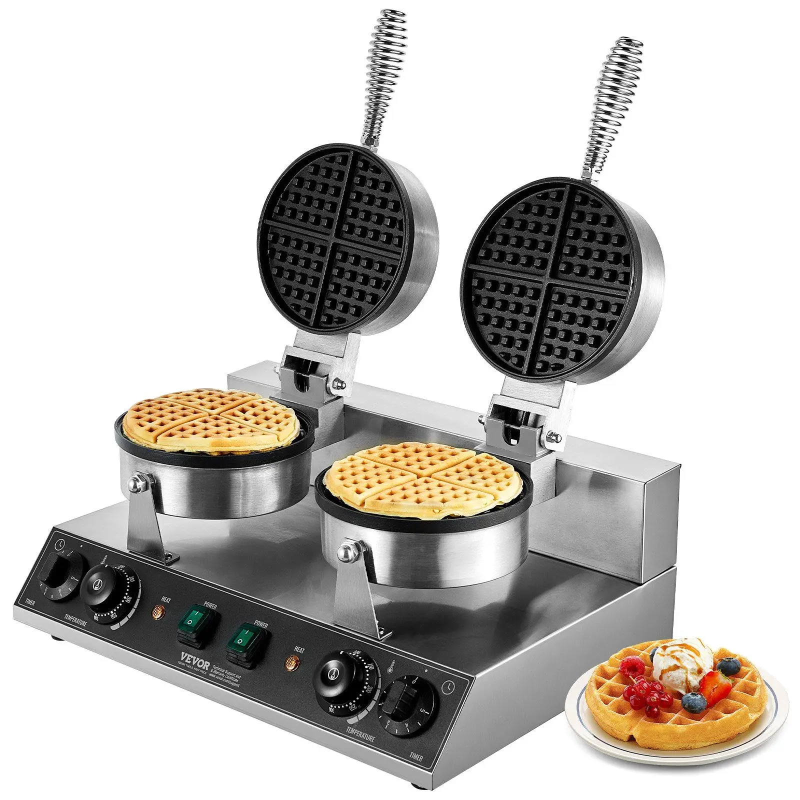 

Commercial Dual-Head 2460W Non-Stick Round Waffle Iron Waffle