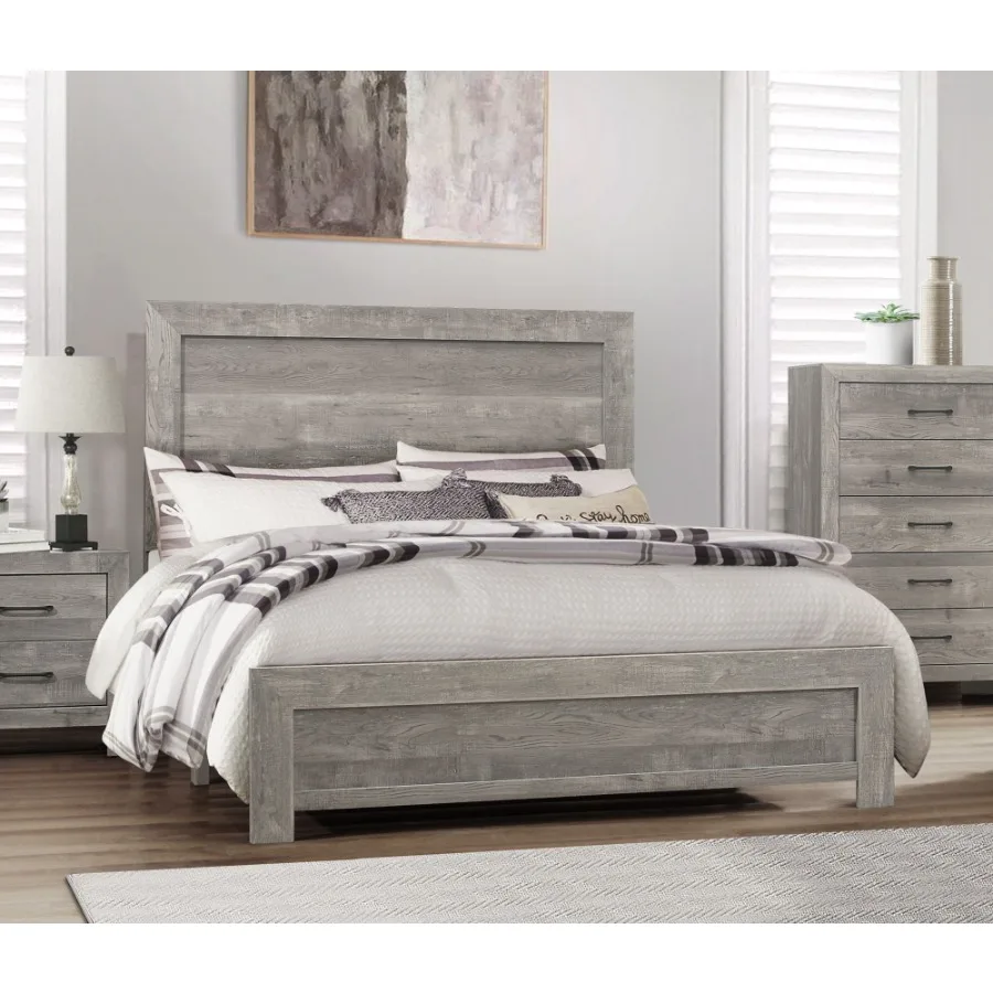 Rustic Gray Finish Full Size Panel Bed Wooden Bedroom Furniture 1pc Bed in a Box