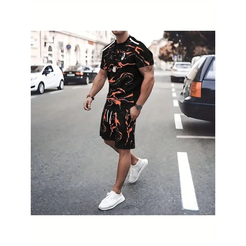 2025 Fashion Men's 3D Printed Round Neck T-shirt Shorts Casual Daily Sports Polyester Fiber Set