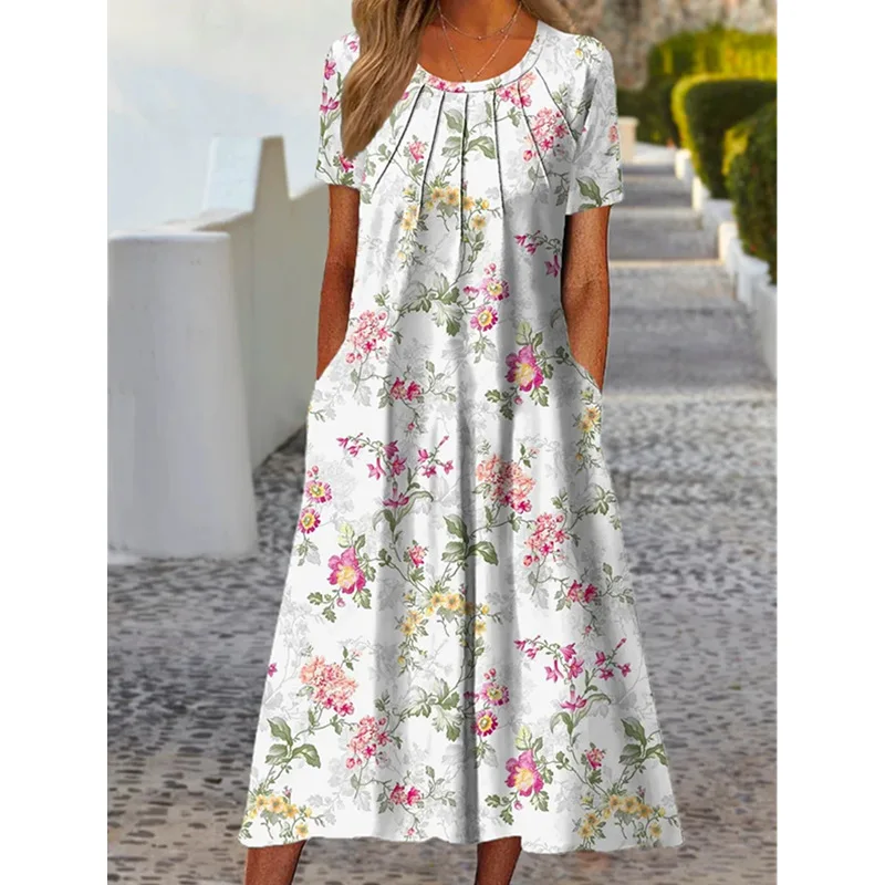 

2025 Summer Fashion Woman Floral Art Comfortable O-neck Short-sleeved Dress Mid-length Elegant Casual Dress