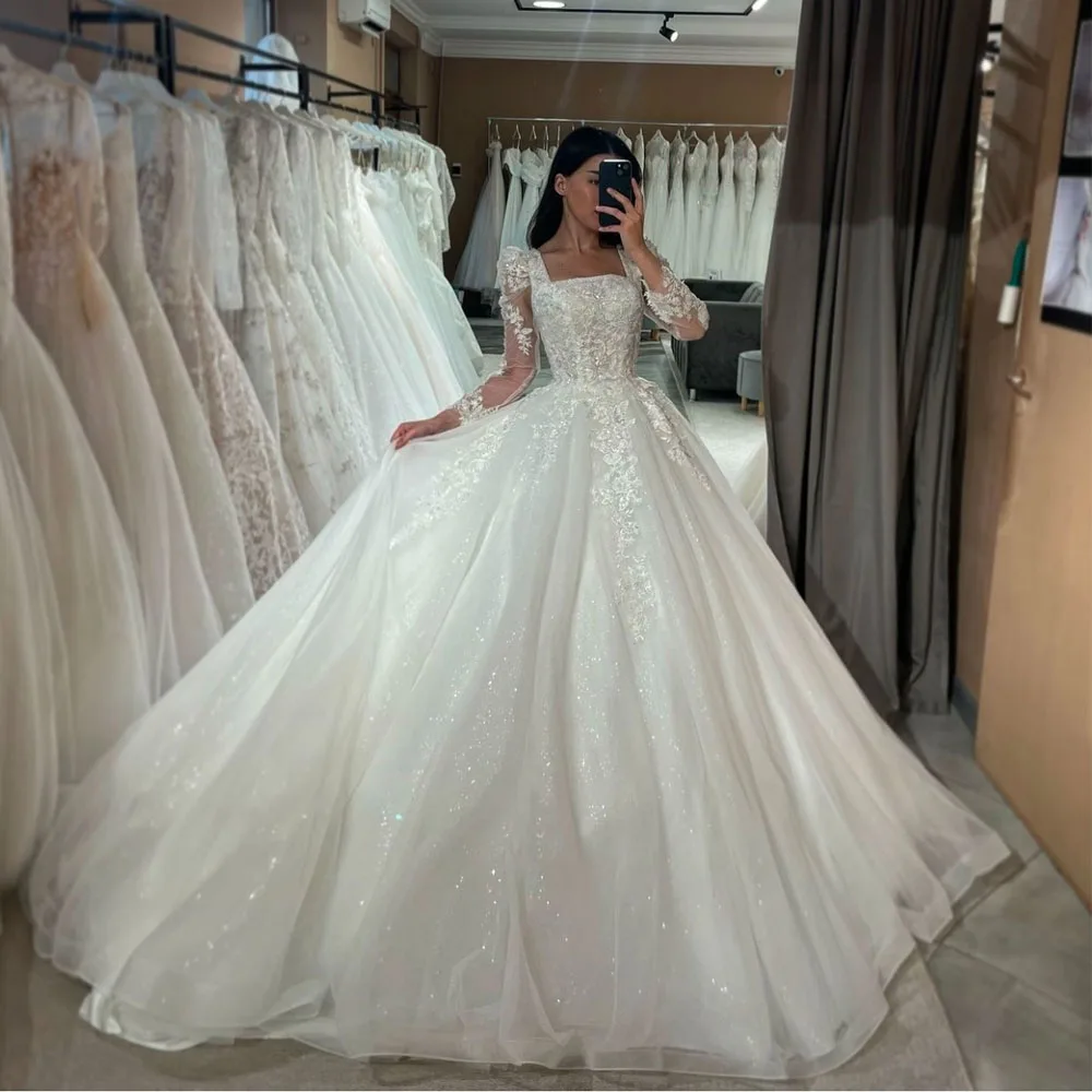 

MCDV Classic Square Collars Wedding Dresses For Woman Bride Long Sleeves Corset Tulle Applique Shiny Vestido De Novia Customized