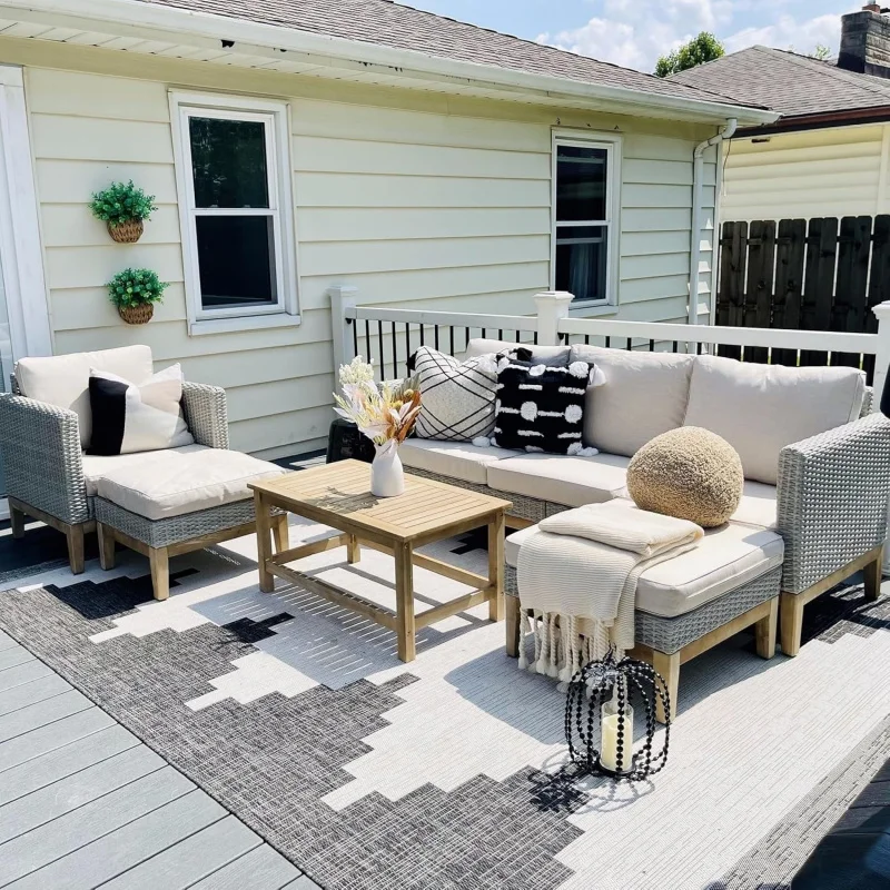 

5-Piece All-Weather Wicker Rattan Patio Set, High-Back Sectional Sofa with Large Single Chairs, Ottomans & Wooden Coffee Table