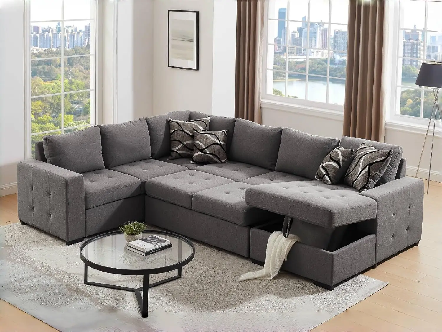 

Sectional Sleeper Sofa Bed with Storage Chaise, U Shape Oversized Sectional Couch with Pull Out Bed for Living Room Gray